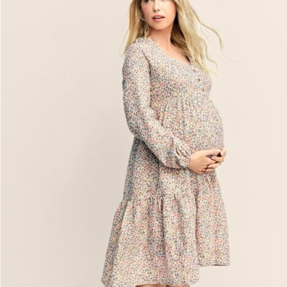 Maternity Button Front Boho Floral Long Sleeve Dress - Picture 2 of 2